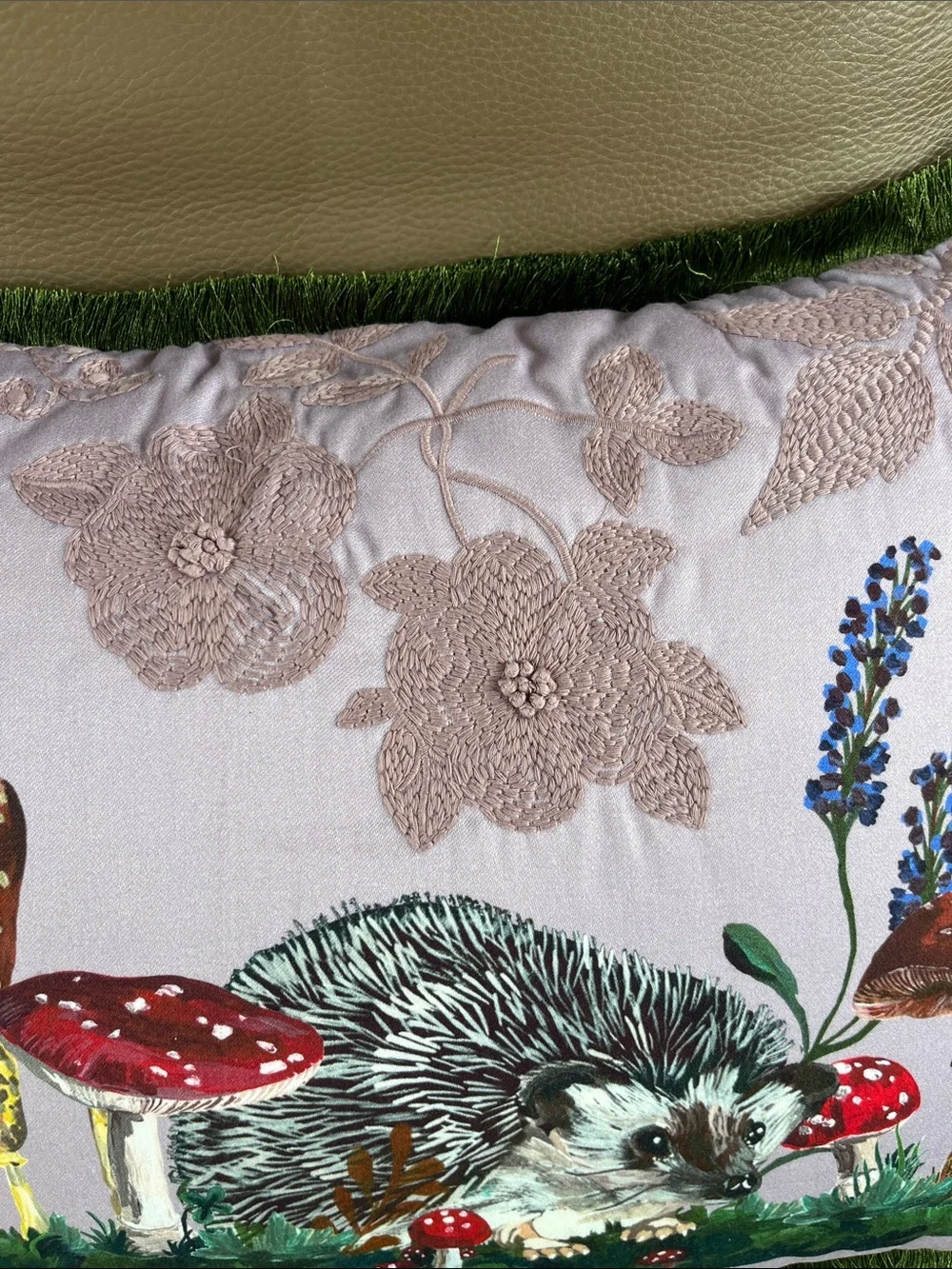 Lavender Hedgehog Decorative Throw Pillow with Green Fringe